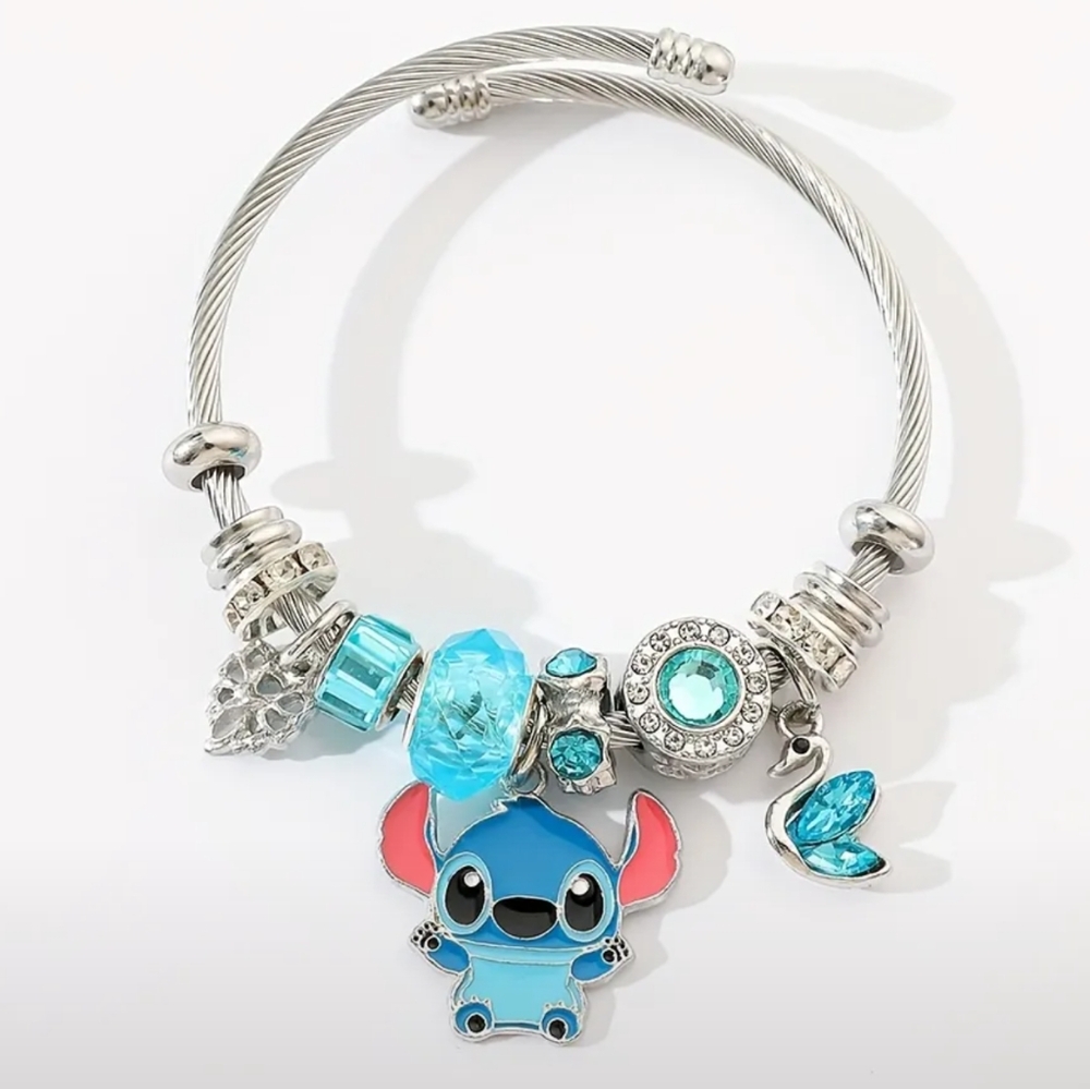 DISNEY Lilo & Stitch🌺 | Stich & Swan 🦢 Silver Charm & Rhinestone Bracelet ~ 🎁